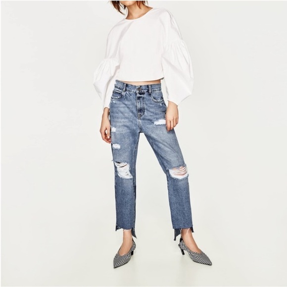 Zara Two Tone Raw Hem Straight Cut Jeans - Picture 2 of 16